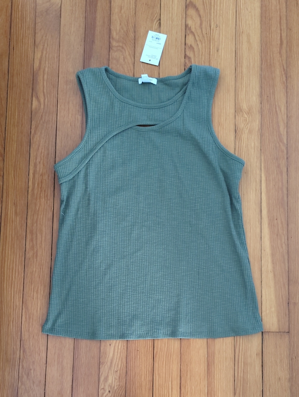 Nine West Assymetrical Olive Green Ribbed Cutout Keyhole Tank